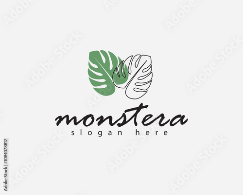 creative two monstera leaves with one striped and one green logo design