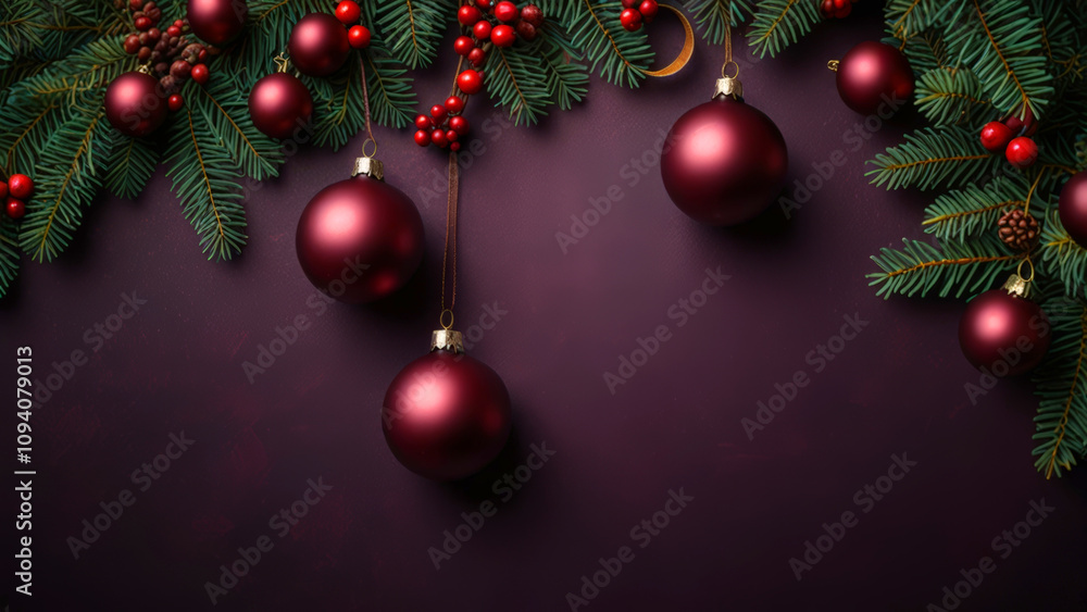 Fototapeta premium Purple damson metallic Christmas scene with red and gold holiday decorations