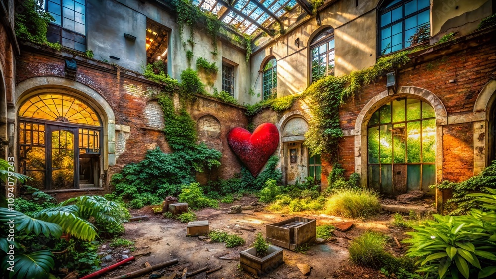 Fototapeta premium Urban Exploration Photography: Discovering the Heart of Hearts in Abandoned Cityscapes with Captivating Textures and Emotive Shadows, Evoking Stories of the Past and Present