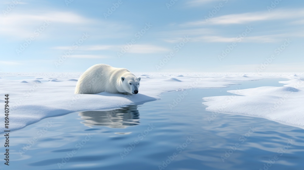 Polar Bear on Melting Arctic Ice Reflecting in Calm Blue Waters Polar Bear on Melting Arctic Ice Reflecting in Calm Blue Waters
