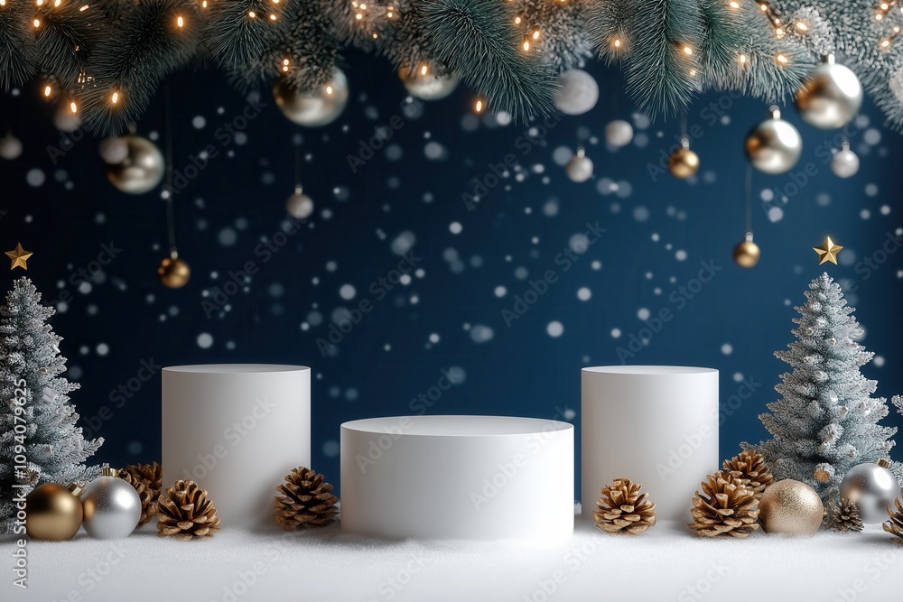 Minimalist Winter Christmas Scene with Podiums and Decorated Trees Minimalist Winter Christmas Scene with Podiums and Decorated Trees