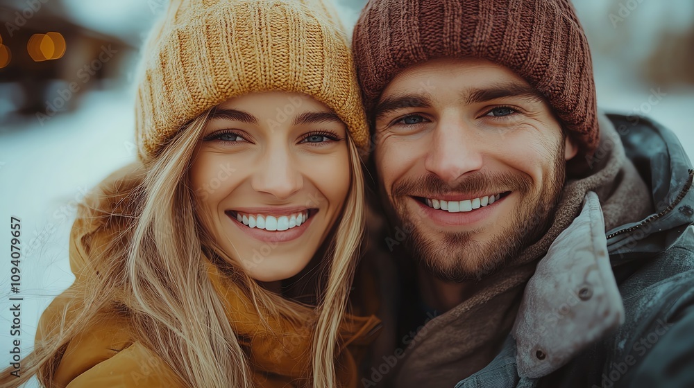 A cheerful couple embraces in winter, showcasing warmth amidst snowy surroundings. A cheerful couple embraces in winter, showcasing warmth amidst snowy surroundings.