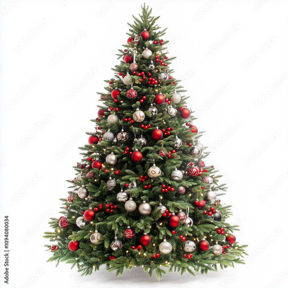 Festive Christmas Tree: A towering Christmas tree adorned with red and silver baubles, radiating holiday cheer. The perfect image for capturing the magic of the season. Festive Christmas Tree: A towering Christmas tree adorned with red and silver baubles, radiating holiday cheer. The perfect image for capturing the magic of the season.