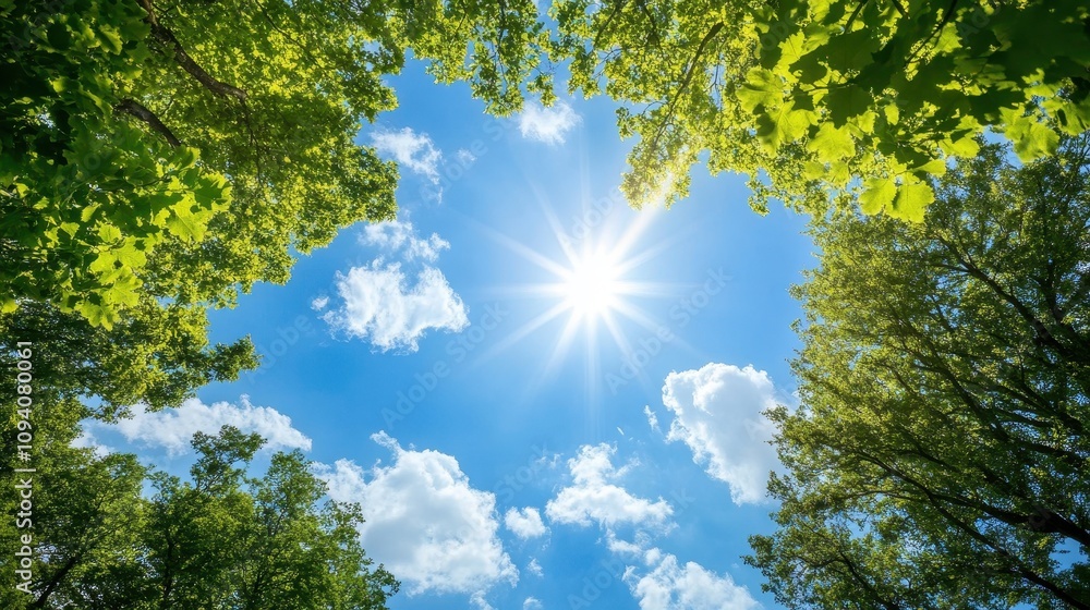 Obraz premium A bright sun shines through green trees and clouds in a clear blue sky.