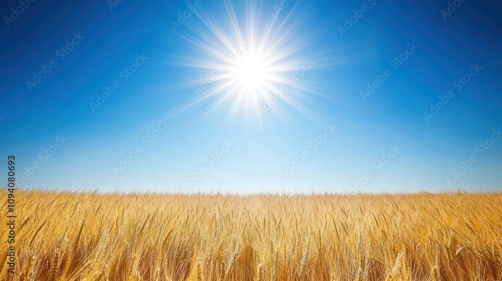 A bright sun shines over a golden wheat field under a clear blue sky. A bright sun shines over a golden wheat field under a clear blue sky.
