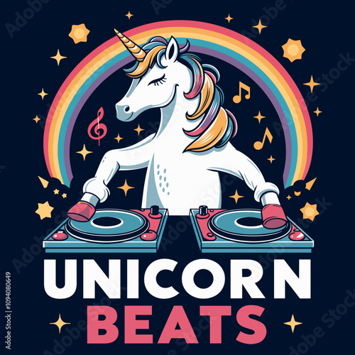 Colorful Unicorn DJ Mixing Beats with Rainbow and Musical Notes