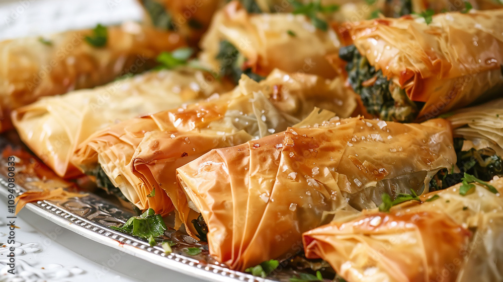 A platter of golden and crispy spanakopita, showcasing layers of flaky phyllo pastry filled with spinach, feta cheese, onions, and herbs, baked until golden brown. A platter of golden and crispy spanakopita, showcasing layers of flaky phyllo pastry filled with spinach, feta cheese, onions, and herbs, baked until golden brown.