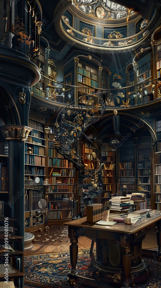 A Grand Library with Ornate Architecture and Sunlight Streaming Through the Dome A Grand Library with Ornate Architecture and Sunlight Streaming Through the Dome