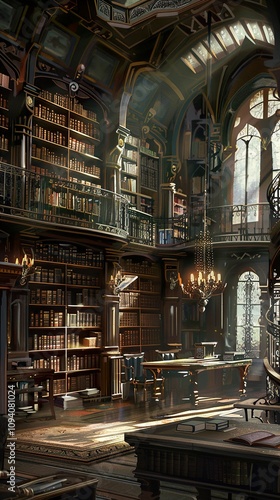 A Grand Library with Ornate Architecture and Sunlit Reading Nooks