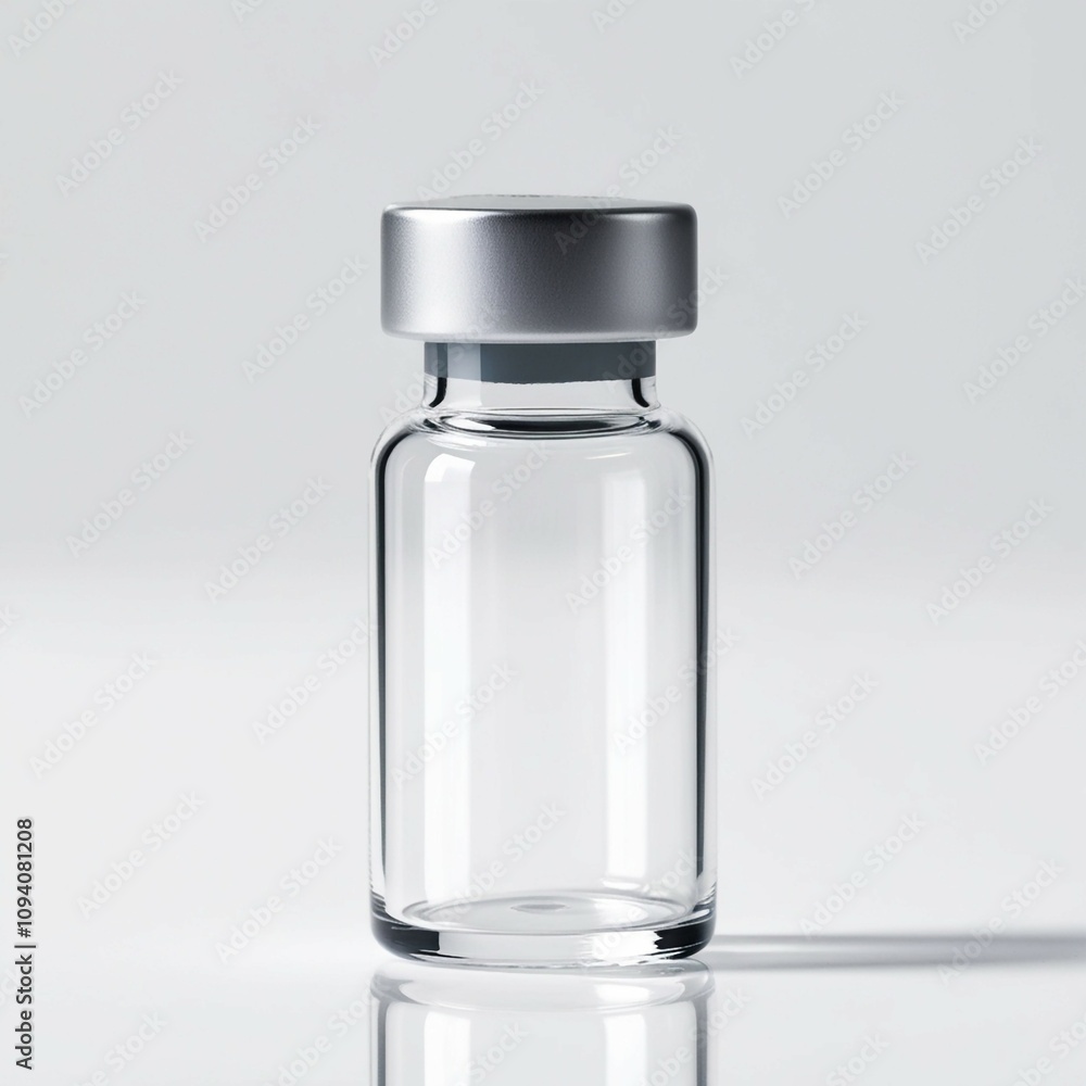 glass vial with a silver metallic cap, isolated on a white background. The design is clean and minimalistic, ideal for pharmaceutical, cosmetic, or medical product presentations. glass vial with a silver metallic cap, isolated on a white background. The design is clean and minimalistic, ideal for pharmaceutical, cosmetic, or medical product presentations.