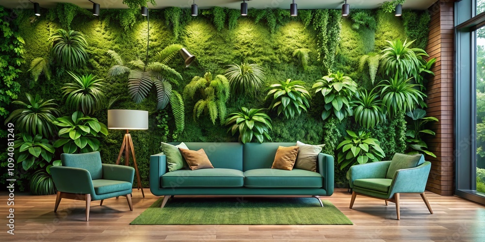 Urban Exploration Photography of a Lush Green Wall Featuring a Cozy Green Sofa Surrounded by Potted Plants, Creating a Vibrant and Inviting Indoor Space for Relaxation Urban Exploration Photography of a Lush Green Wall Featuring a Cozy Green Sofa Surrounded by Potted Plants, Creating a Vibrant and Inviting Indoor Space for Relaxation