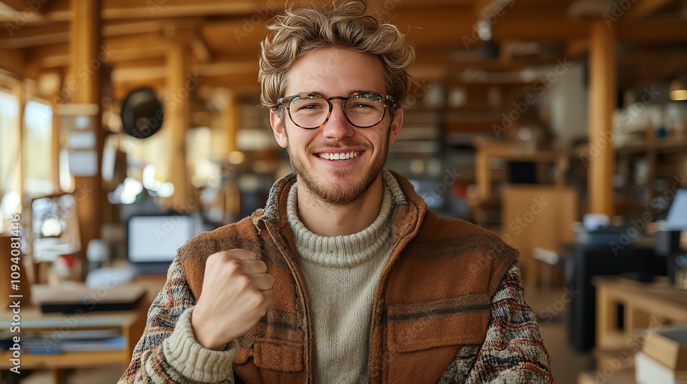 Obraz premium Happy young man in casual outfit smiling with excitement in a cozy workspace.