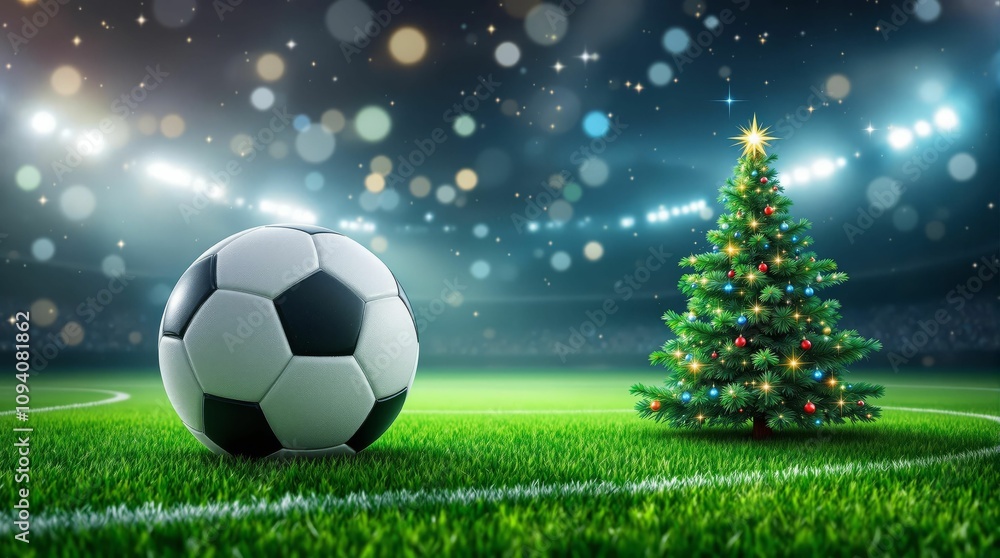 Fototapeta premium Football New Year Ball on Green Field with Christmas Tree Decorated with Toys and Lights in Stadium Atmosphere, Perfect Design for New Year Party