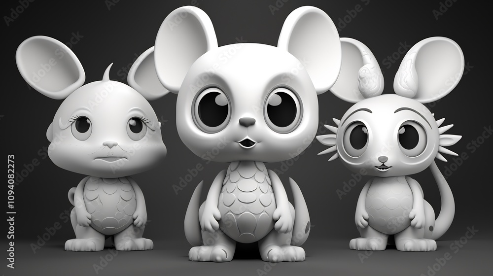 Naklejka premium Cute 3D Cartoon Animals in Black and White Silhouette