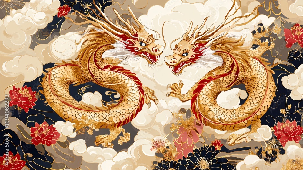 Fototapeta premium 6.A Chinese New Year banner template featuring two majestic dragons intertwined among swirling clouds and elegant floral patterns. The dragons are depicted with intricate golden scales, flying in the