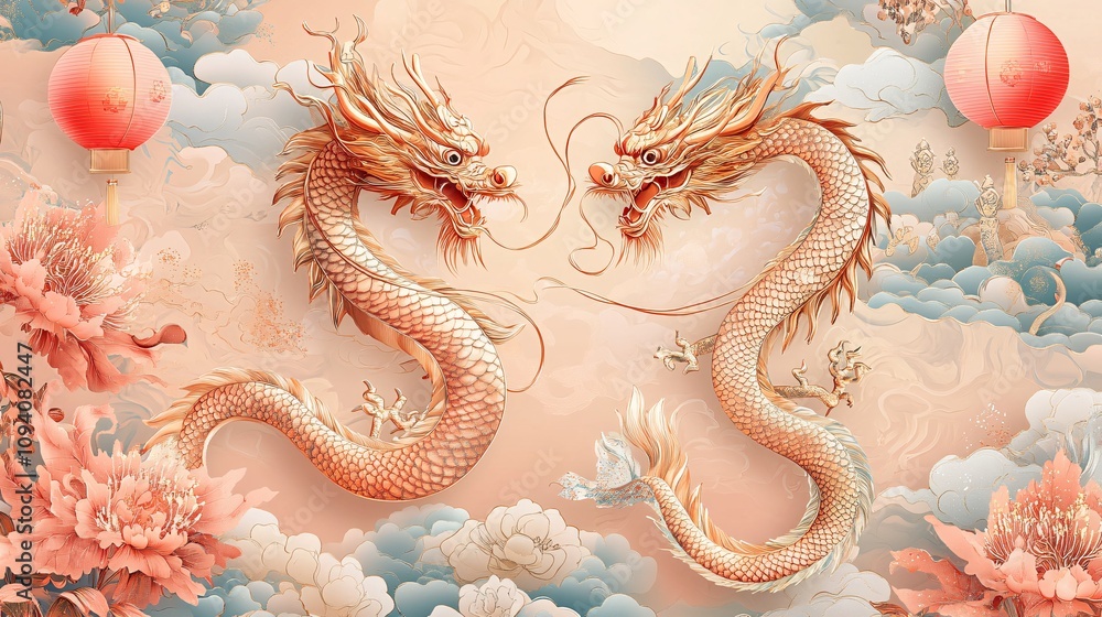 Obraz premium 9.A festive Chinese New Year banner featuring a pair of dragons winding through the sky, their bodies adorned with detailed golden scales. The background is filled with auspicious clouds, floral