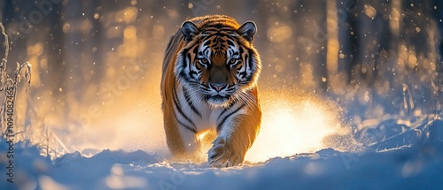 Fierce Siberian tiger trudging through snowy taiga photo