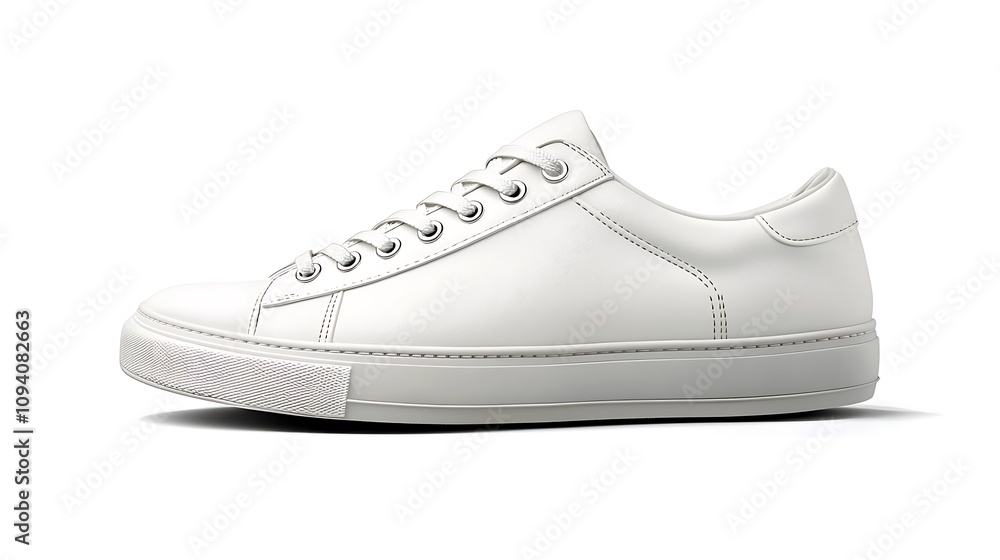A side view of a stylish white sneaker with minimalist design and classic lacing. A side view of a stylish white sneaker with minimalist design and classic lacing.