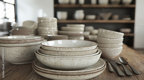 A collection of rustic kitchenware, featuring various ceramic bowls and plates arranged neatly on a wooden table with a simple backdrop.