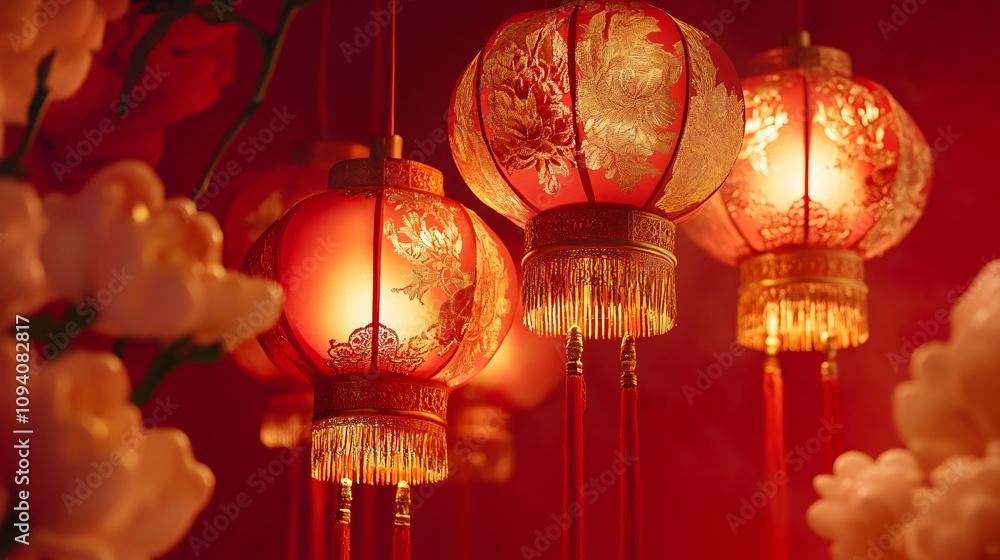 13.A close-up of a group of ornate Chinese red lanterns, each featuring detailed gold patterns and elegant tassels, set against a vibrant red backdrop with traditional Chinese elements. The glow from 13.A close-up of a group of ornate Chinese red lanterns, each featuring detailed gold patterns and elegant tassels, set against a vibrant red backdrop with traditional Chinese elements. The glow from