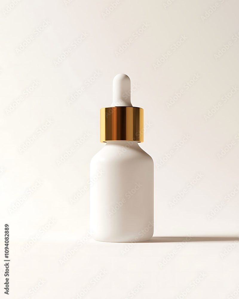 A sleek, white cosmetic dropper bottle with a gold cap, set against a minimalist background. A sleek, white cosmetic dropper bottle with a gold cap, set against a minimalist background.
