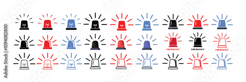 Flasher siren red and blue icons set. blue, red flashing police car siren light, emergency light. 