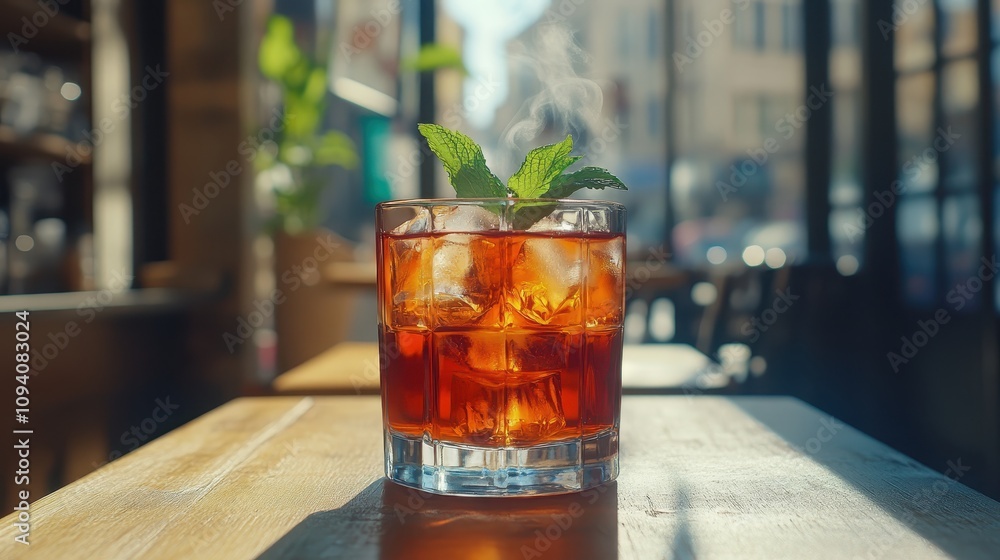 Iced Tea Drink in Glass Cafe Summer Refreshing Beverage Sunlit Table Iced Tea Drink in Glass Cafe Summer Refreshing Beverage Sunlit Table