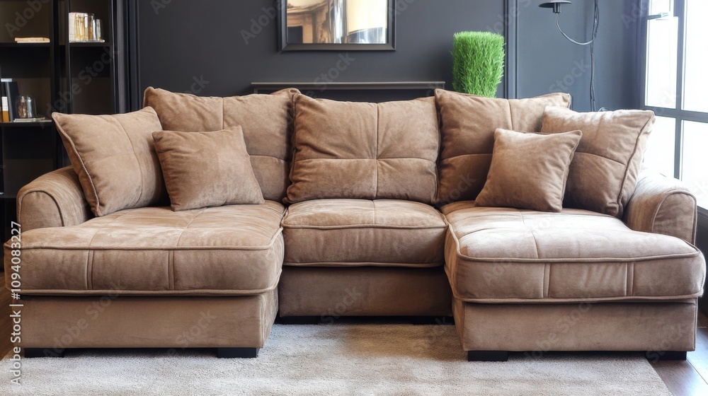 Fototapeta premium Luxurious Brown Sectional Sofa for a Stylish Living Room
