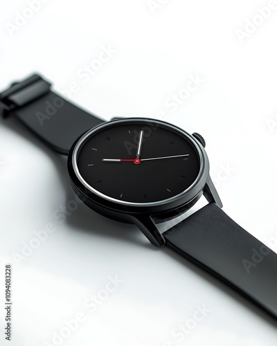 A sleek black watch with a minimalist design, featuring a dark face, red second hand, and a smooth black strap. photo