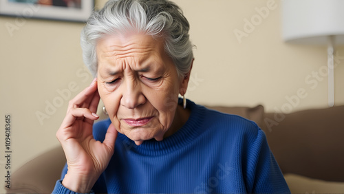 Senior woman touching her face,elderly experiencing pain and numbness in the face,Trigeminal Neuralgia,sudden and severe facial pain,Bell's palsy symptom,facial muscle weakness or paralysis,healthcare photo