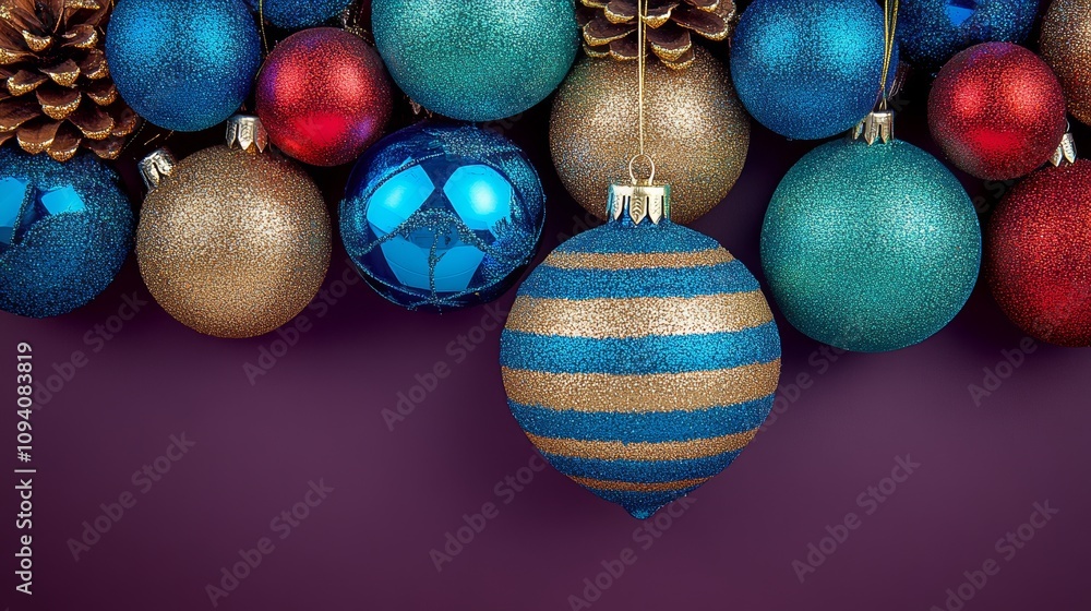 A vibrant display of festive Christmas ornaments is beautifully arranged, hanging against a striking purple wall, adding a touch of holiday cheer to any space. A vibrant display of festive Christmas ornaments is beautifully arranged, hanging against a striking purple wall, adding a touch of holiday cheer to any space.