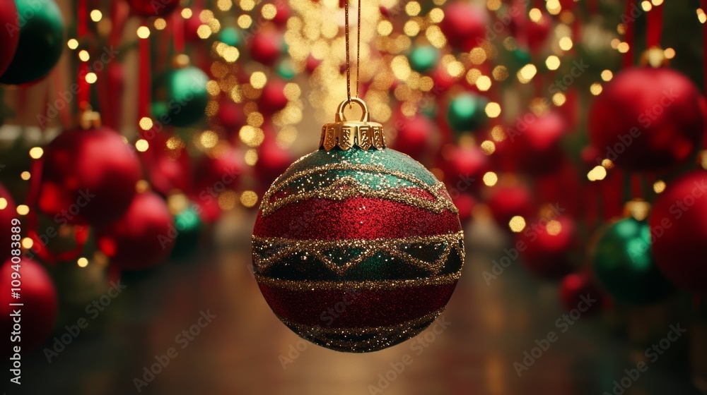 A vibrant red and green Christmas ornament dangles from a string, adding festive cheer to the holiday season. A vibrant red and green Christmas ornament dangles from a string, adding festive cheer to the holiday season.