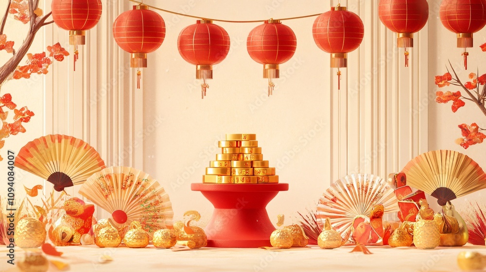 35.A product display banner for Chinese New Year featuring a bold red pedestal, golden ingots, and decorative folding fans on a beige background. The lanterns above cast a soft glow, creating a warm 35.A product display banner for Chinese New Year featuring a bold red pedestal, golden ingots, and decorative folding fans on a beige background. The lanterns above cast a soft glow, creating a warm
