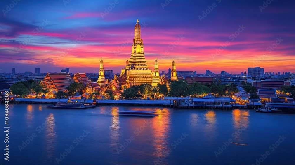 Obraz premium Close up of the famous Buddhist Temple Wat Arun at dusk with boat traffic on the Chao Phraya River, Bangkok, Thailand. Ai generated image