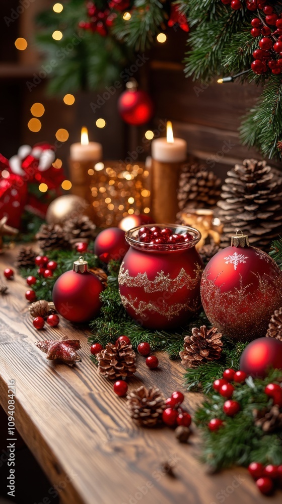 Christmas themed decorations with red ornaments, pine cones, greenery, and candles on a wooden table creating a warm holiday atmosphere.
Christmas themed decorations with red ornaments, pine cones, greenery, and candles on a wooden table creating a warm holiday atmosphere.
