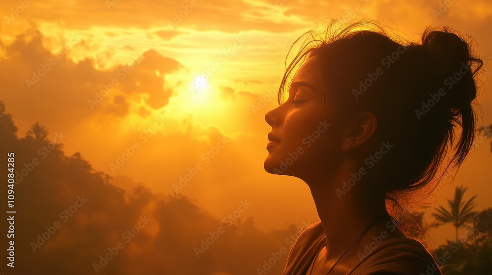 Serene Woman Silhouette at Sunset Tropical Landscape Peace Tranquility Serene Woman Silhouette at Sunset Tropical Landscape Peace Tranquility