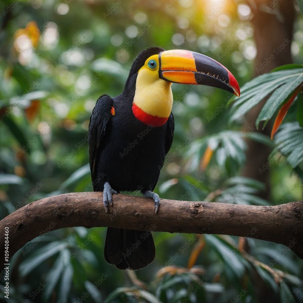 Obraz premium A toucan perched on a tree branch, its colorful beak glowing in soft light.