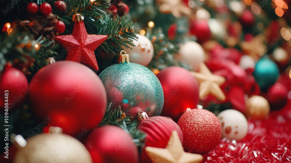 A vibrant display of various Christmas ornaments arranged neatly on a festive red tablecloth, perfect for holiday decorating and celebration. A vibrant display of various Christmas ornaments arranged neatly on a festive red tablecloth, perfect for holiday decorating and celebration.