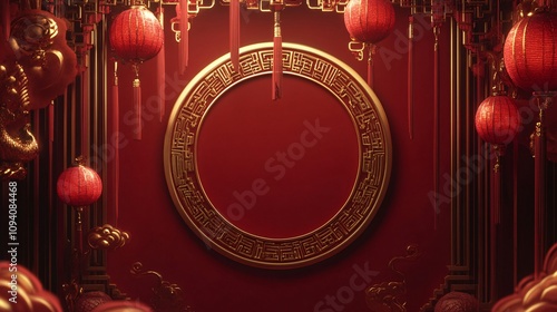 42.A Chinese New Year 2025 greeting card design with a prominent circular frame for product display, surrounded by ornate lanterns and classic Chinese patterns. The deep red background enhances the