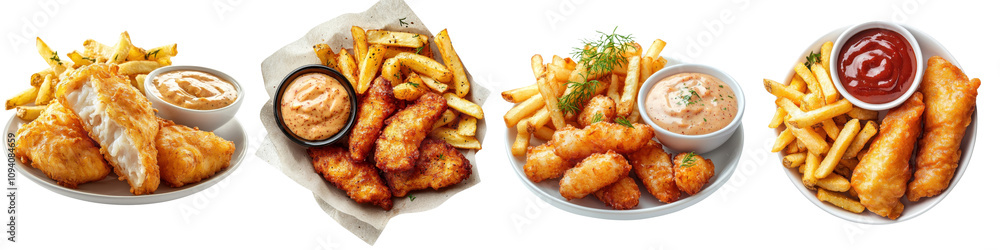 Fish and chips with spreading sauce isolated on white background. Collection Set png. Fish and chips with spreading sauce isolated on white background. Collection Set png.