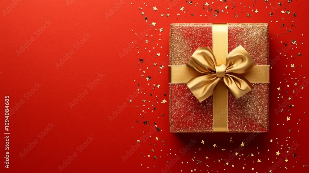 A beautifully wrapped present adorned with a shimmering gold bow, set against a vibrant red background, perfect for the festive Christmas season. A beautifully wrapped present adorned with a shimmering gold bow, set against a vibrant red background, perfect for the festive Christmas season.