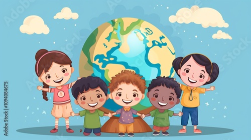 Group of diverse children gathered around a globe learning about different cultures and countries