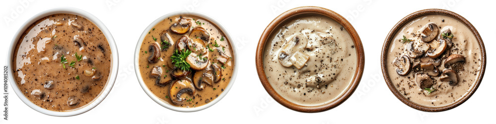 Mushroom cream soup with spreading sauce isolated on white background. Collection Set png. Mushroom cream soup with spreading sauce isolated on white background. Collection Set png.