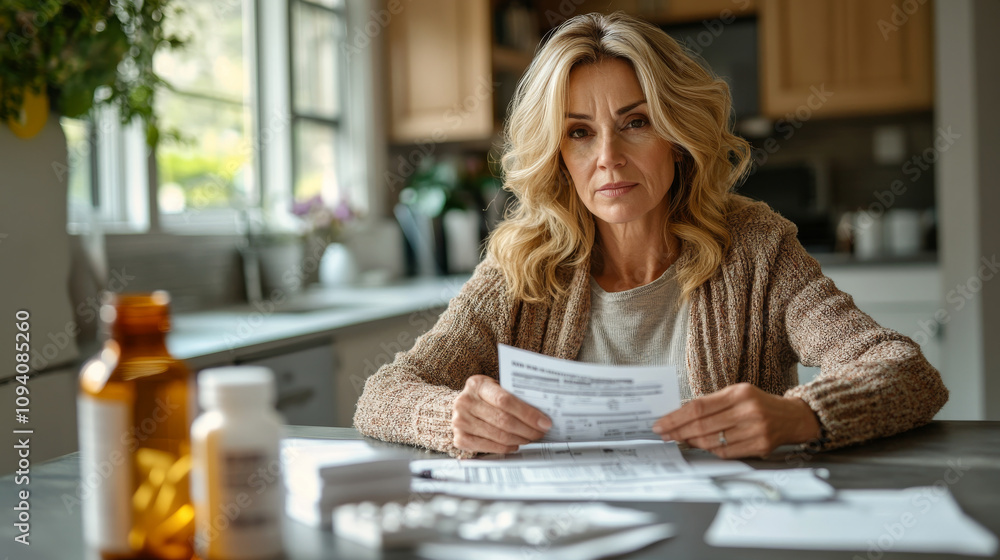 Portrait of a mature caucasian woman looking at medical documents and drugs prescription bottle are on the table in front of her , she seems worried about the medical treatment efficiency Portrait of a mature caucasian woman looking at medical documents and drugs prescription bottle are on the table in front of her , she seems worried about the medical treatment efficiency