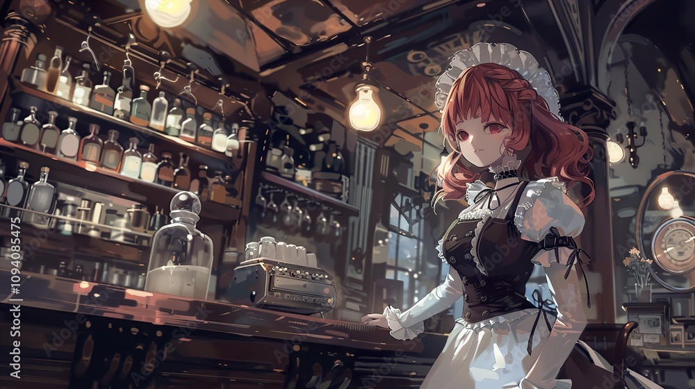Naklejka premium Anime Maid in a Steampunk Bar: A Vintage Fantasy Illustration