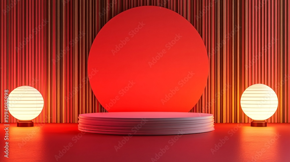 69.A minimalist 3D podium for Chinese New Year product presentations, featuring a sleek design with geometric shapes and a vibrant red backdrop. The podium is illuminated with soft lighting that 69.A minimalist 3D podium for Chinese New Year product presentations, featuring a sleek design with geometric shapes and a vibrant red backdrop. The podium is illuminated with soft lighting that