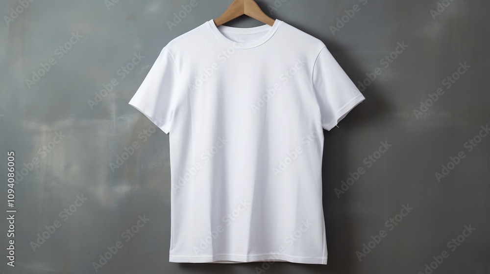 White T shirt Hanging on Hanger with Minimalist Background for Brand or Retail Promotion White T shirt Hanging on Hanger with Minimalist Background for Brand or Retail Promotion