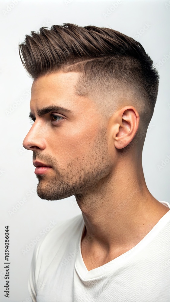 Fototapeta premium Sleek modern men's fade haircut with stylish textured top side view
