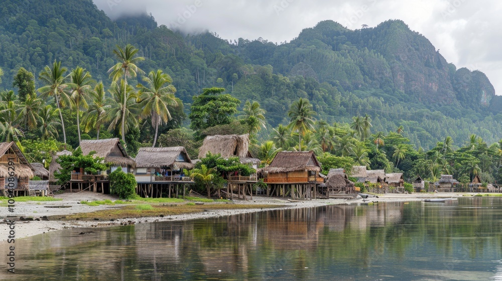 Naklejka premium Tropical Villages: Small, picturesque communities with stilted houses, bustling markets of fresh produce, and friendly locals, creating a peaceful tropical atmosphere.