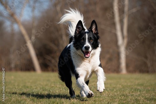 Energetic Black and White Canine in Action Outdoors